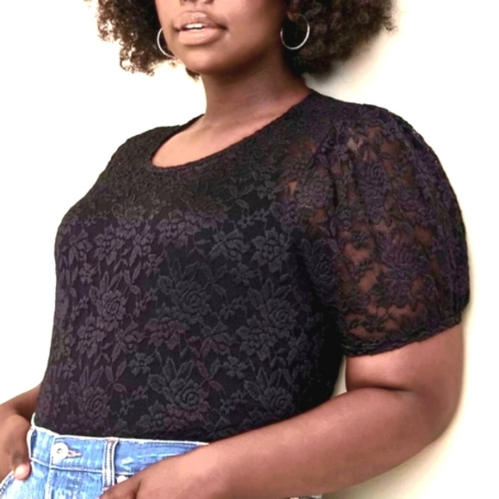 ❤️NWT TORRID TEE - PUFF SLEEVE - SHEER LACE - BLACK - PLUS SIZE